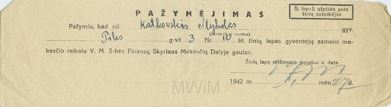KKE 5555.jpg - (litewski) Dok. Certyfikat dla Michała Katkowskiego, 7 1942 r.